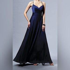 Belsoie Navy Long V-neck Amber Satin Chiffon Dress with Beaded Straps